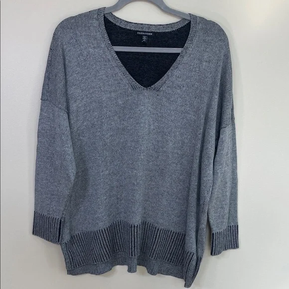 Organic Cotton and Tencel Eileen Fisher Charcoal V-Neck Sweater - Picture 2 of 5